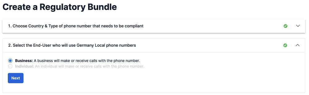 Select Business as the end user for Germany local phone numbers.