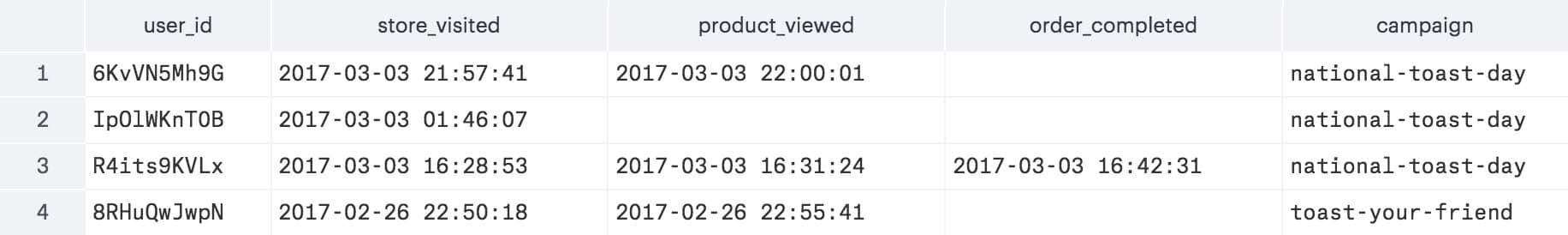 Table of user data from four users with columns: user_id, store_visited, product_viewed, order_completed, campaign.