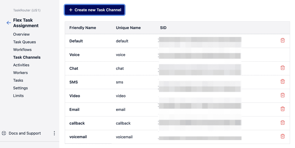 Task channels list including voice, chat, SMS, video, email, callback, and voicemail.