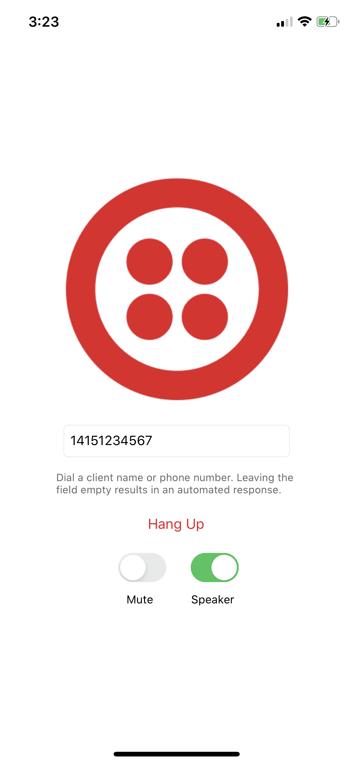 Twilio logo with call interface displaying number 14151234567, options to hang up, mute, and speaker.