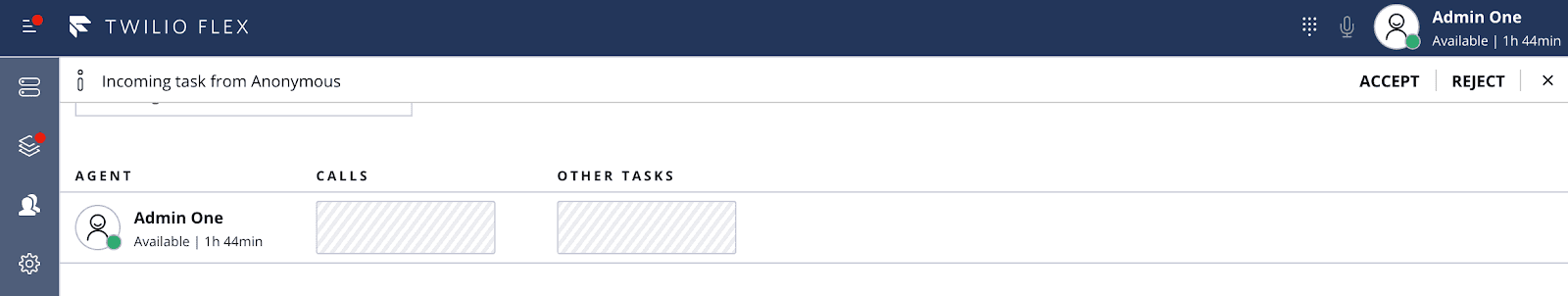Twilio Flex interface showing unread message notification for Bob in chat tasks.