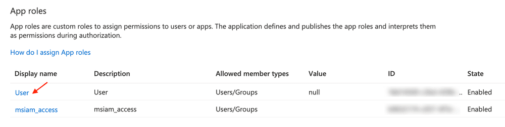 Table showing app roles with display names, descriptions, member types, values, IDs, and states.