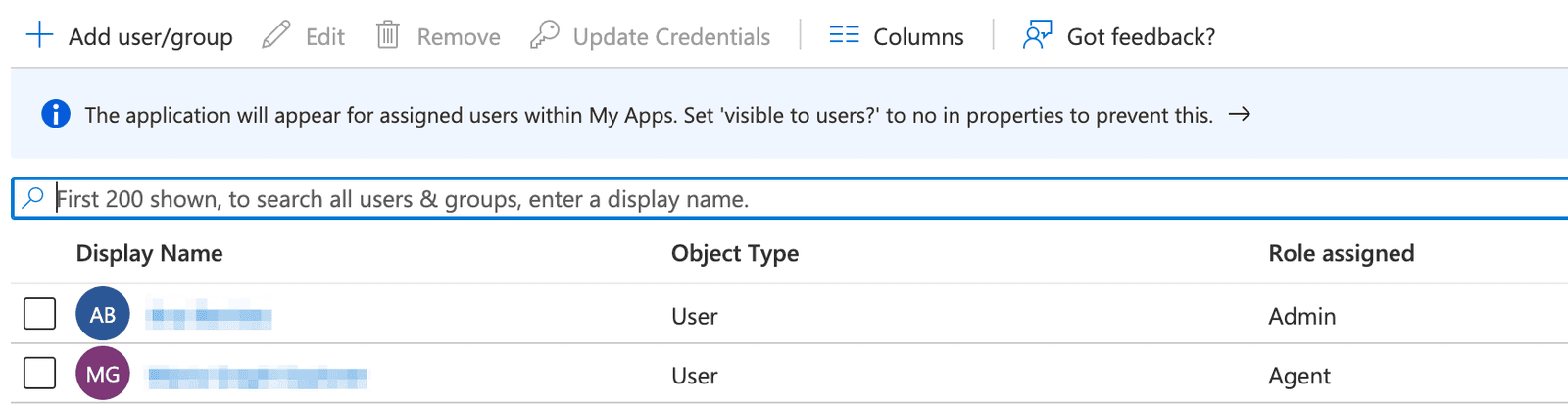 Azure AD user list showing display names, object types, and roles assigned.