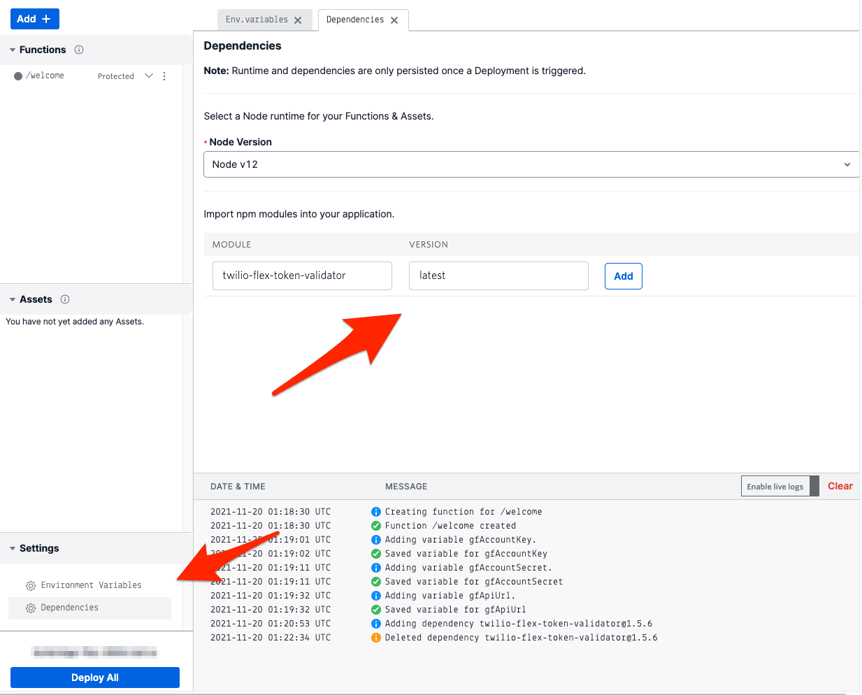 Dependencies tab showing Node v12 and twilio-flex-token-validator module with latest version.