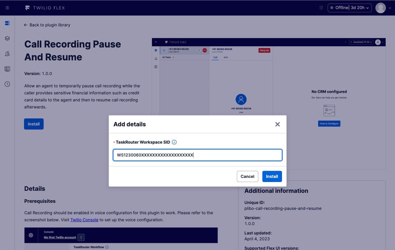 Twilio Flex plugin page showing call recording pause and resume with TaskRouter Workspace SID input.