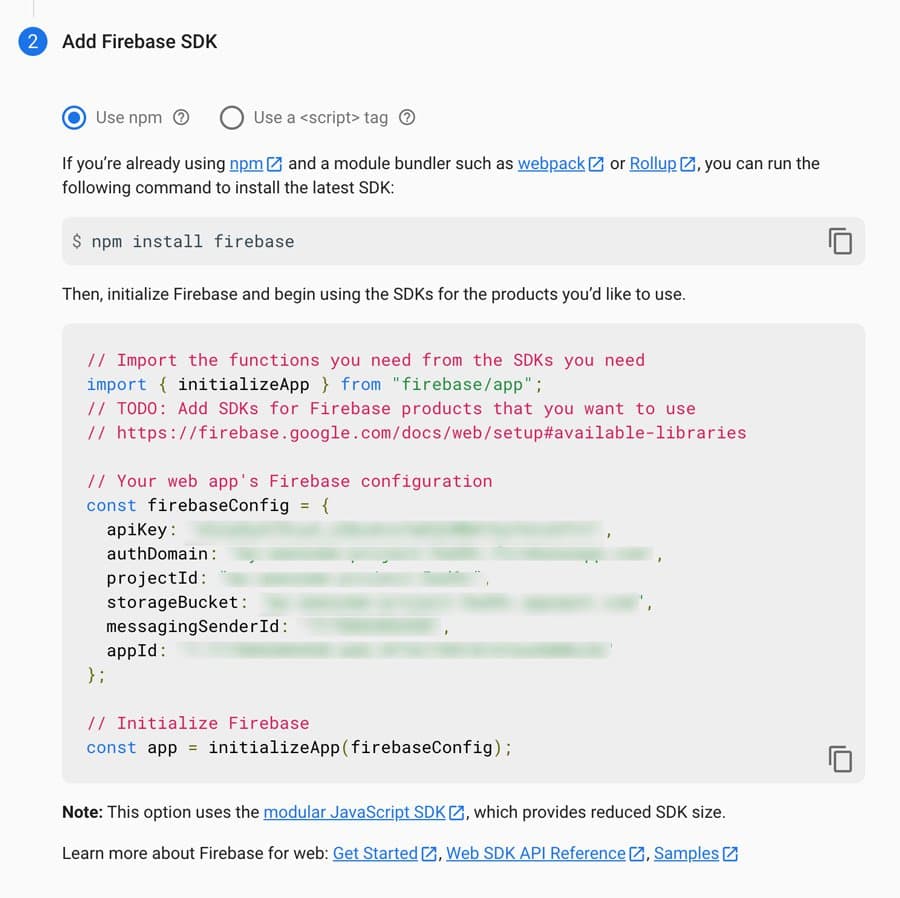 Instructions for adding Firebase SDK using npm with example configuration code.