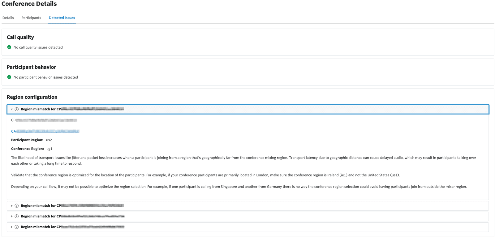 Region configuration showing no call or participant behavior issues detected, with a region mismatch warning.