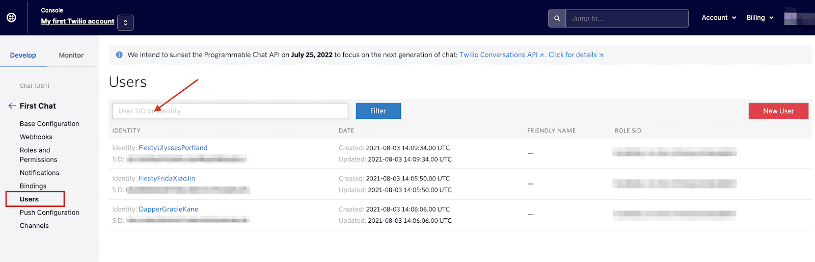 Twilio chat user list with search bar and user details including identity, SID, and creation date.