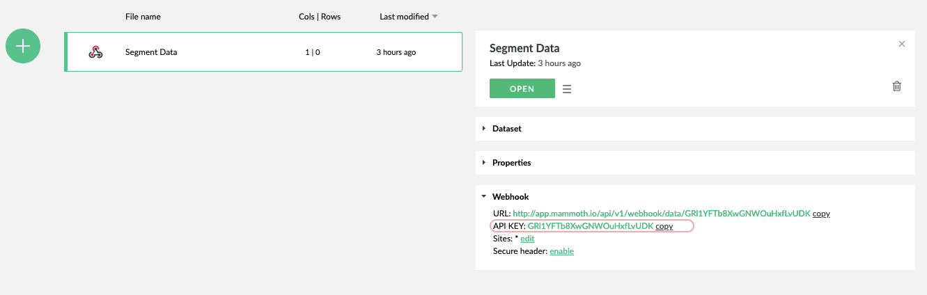Segment Data set in Mammoth with webhook URL and API key details.