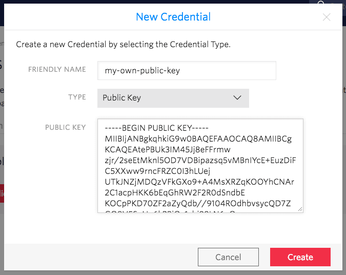 New Credential window with fields for Friendly Name, Type, and Public Key, plus Create and Cancel buttons.