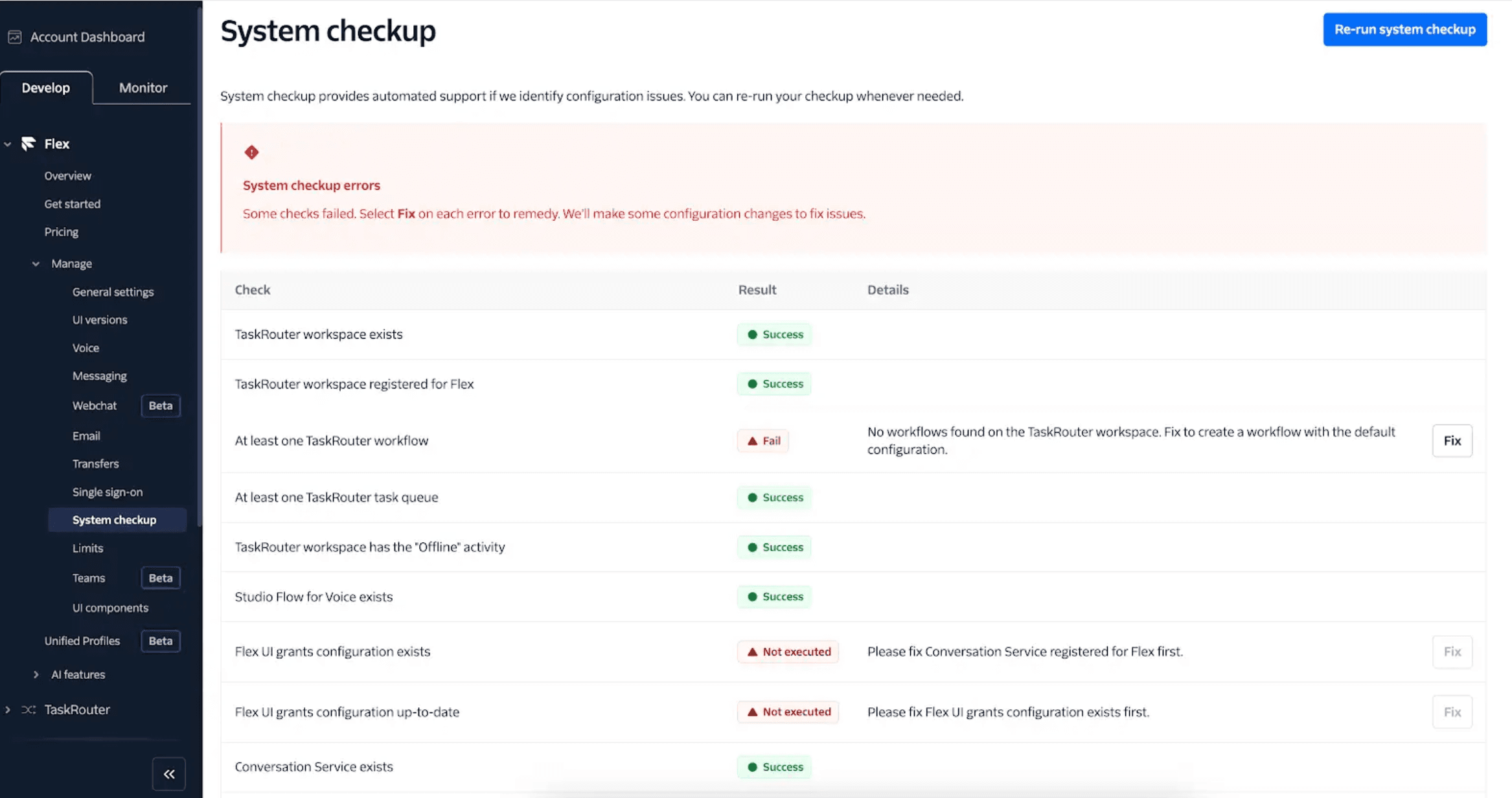 System checkup page showing the result of a checkup. Shows examples of items that have success, fail, and not executed results.
