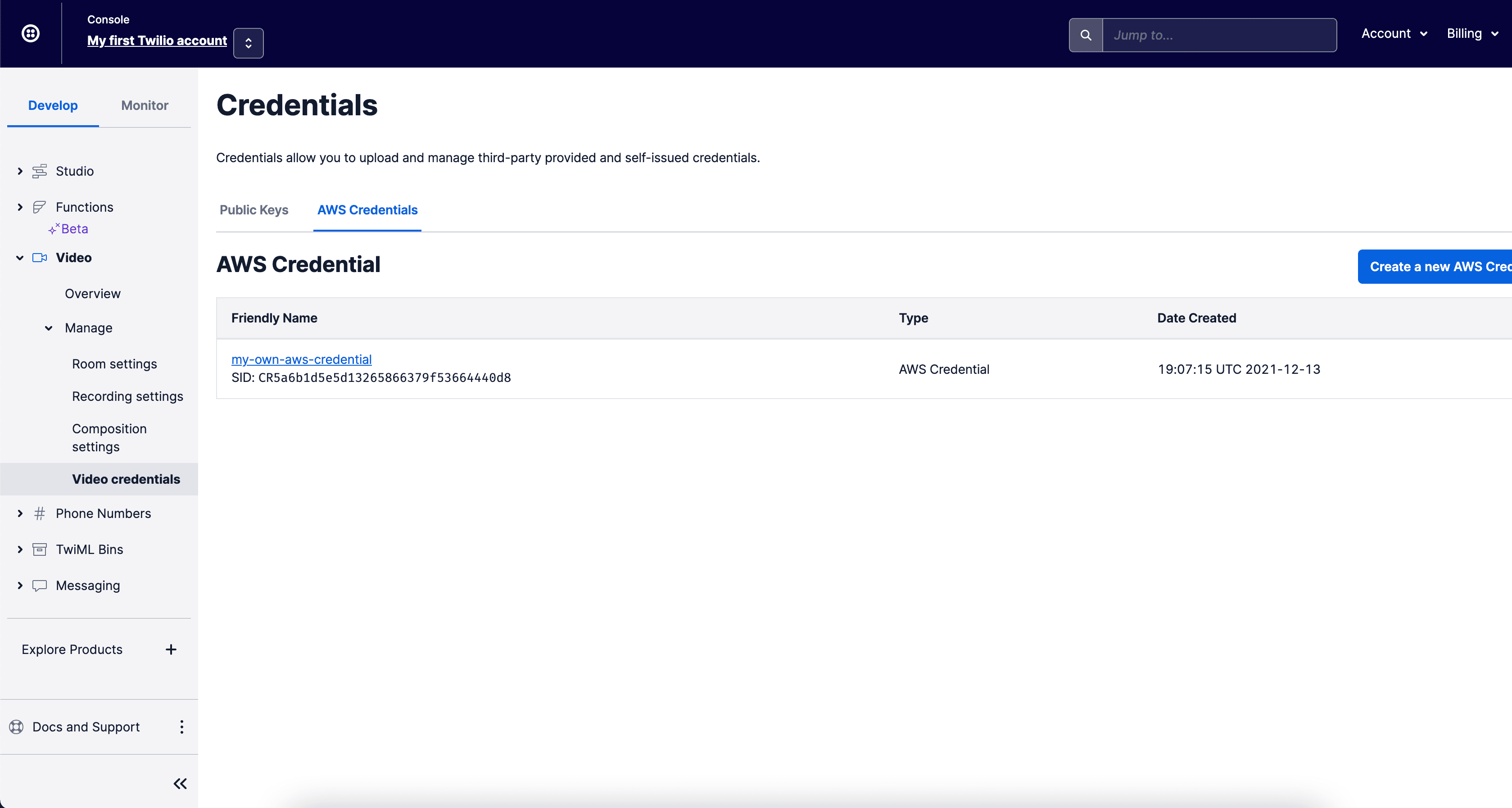 AWS credential management screen in Twilio console showing a credential entry with name, SID, type, and creation date.