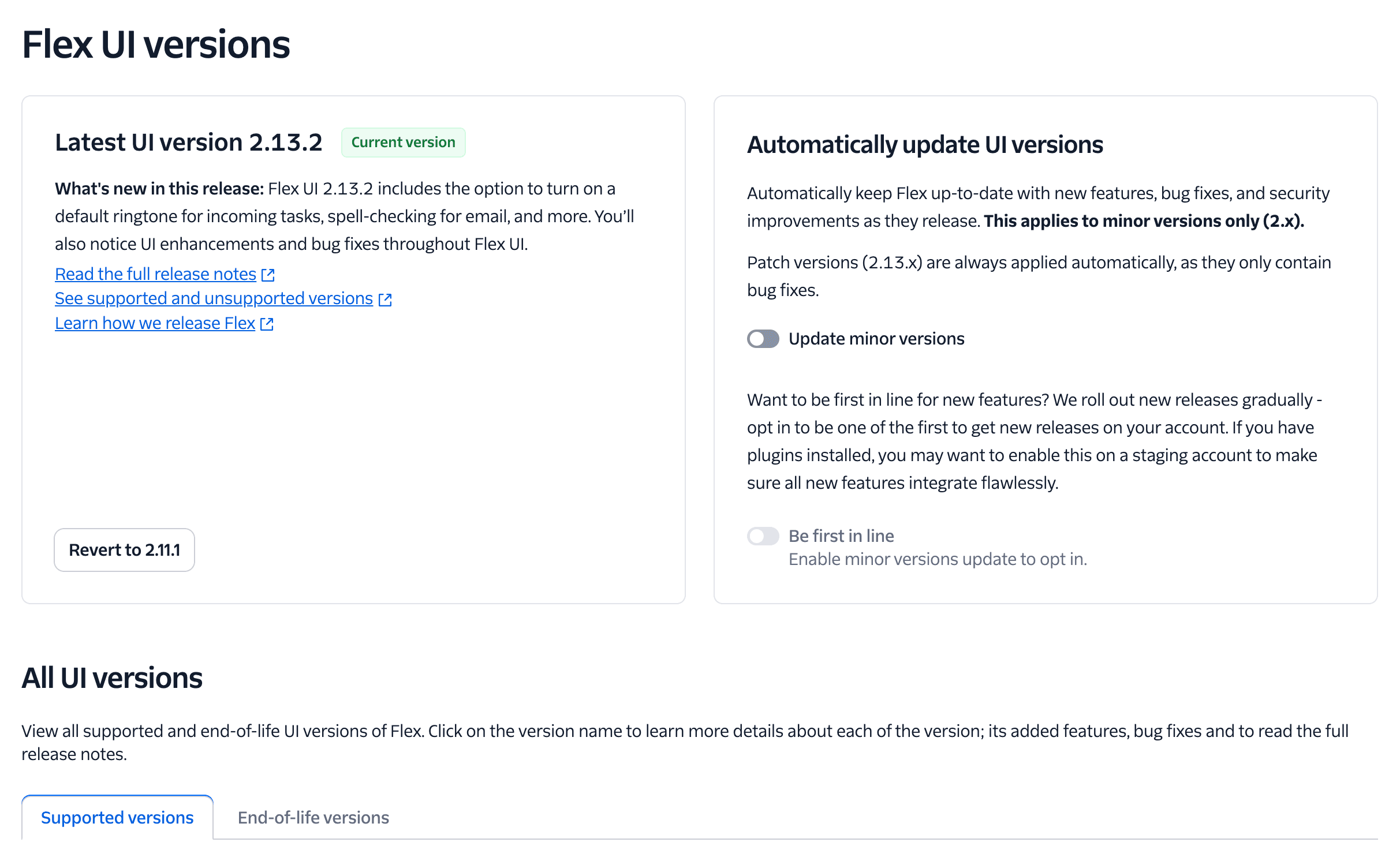 Flex UI version 2.13.2 details with options to update or revert versions.