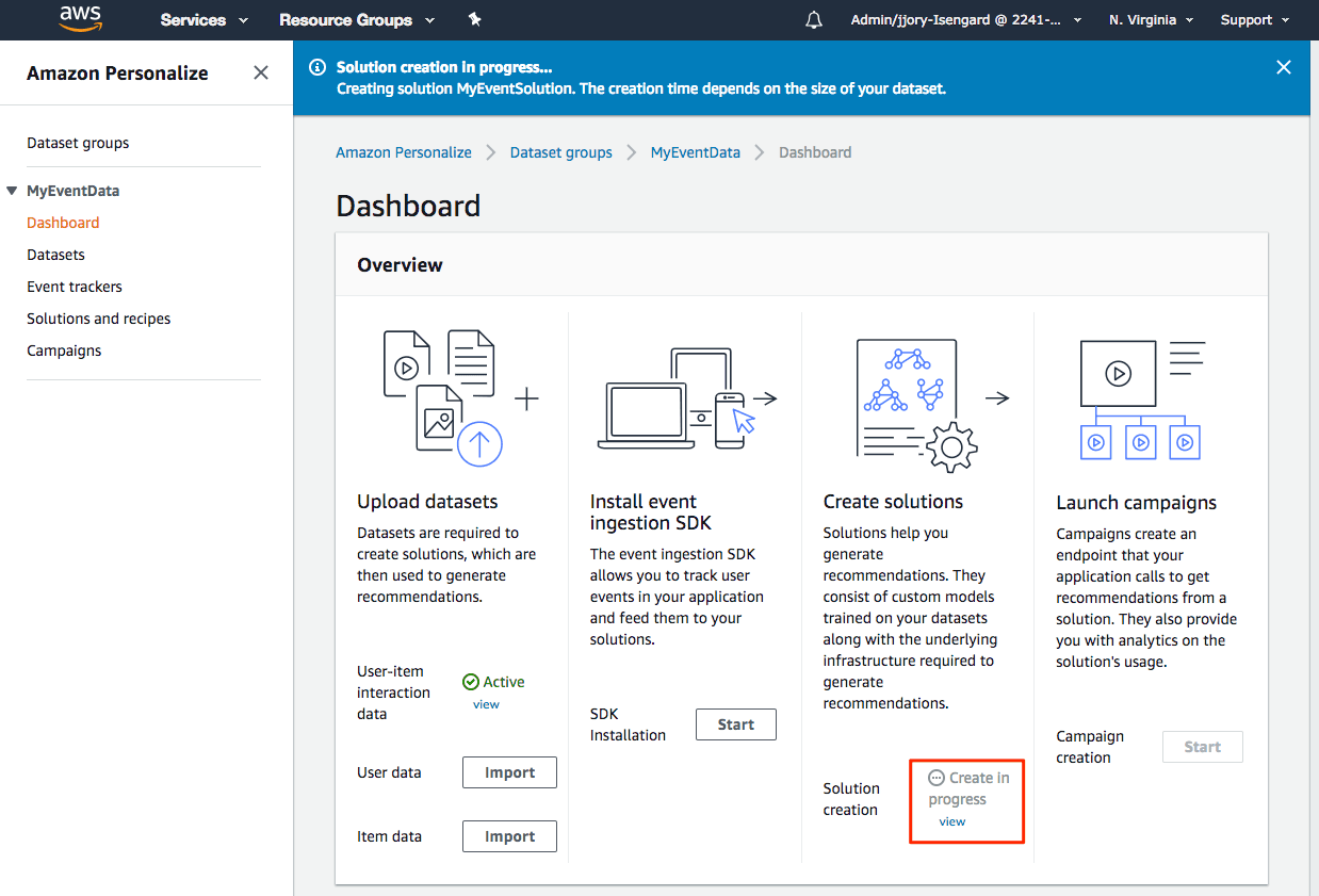 Amazon Personalize dashboard highlighting the Create new campaign button in the Launch campaigns section.