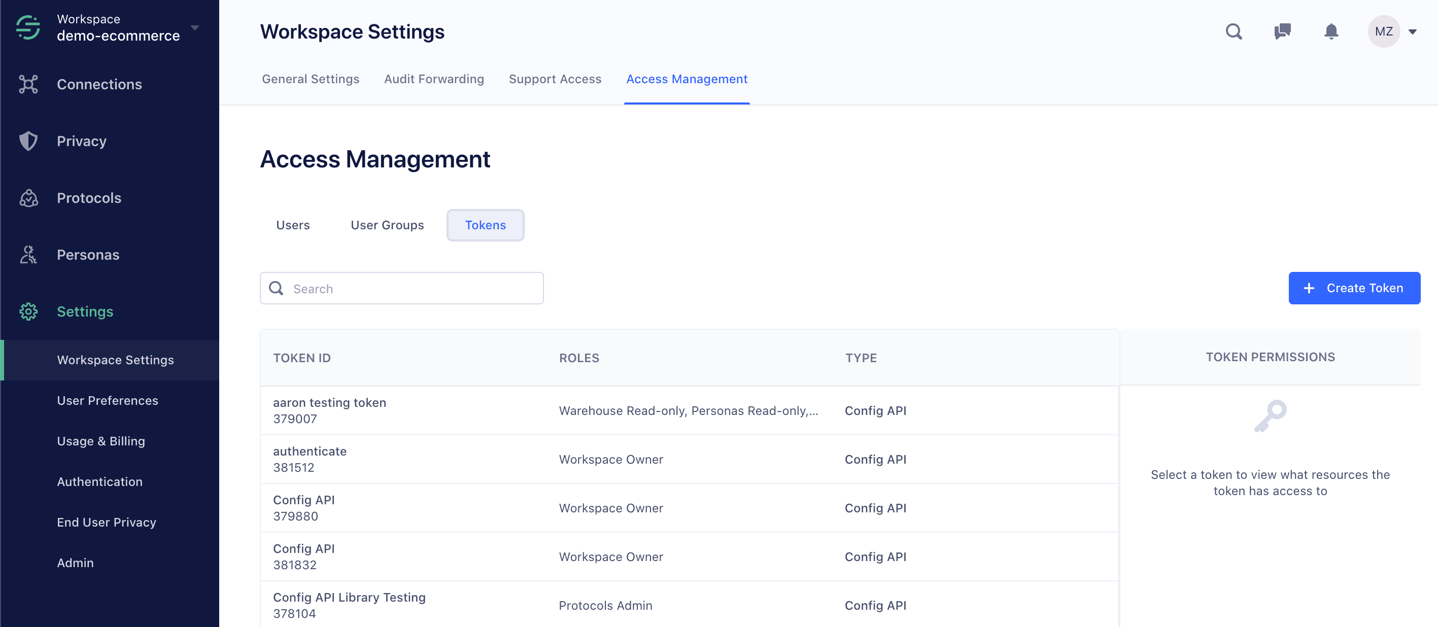 Access Management tab showing token IDs, roles, and types with a Create Token button.