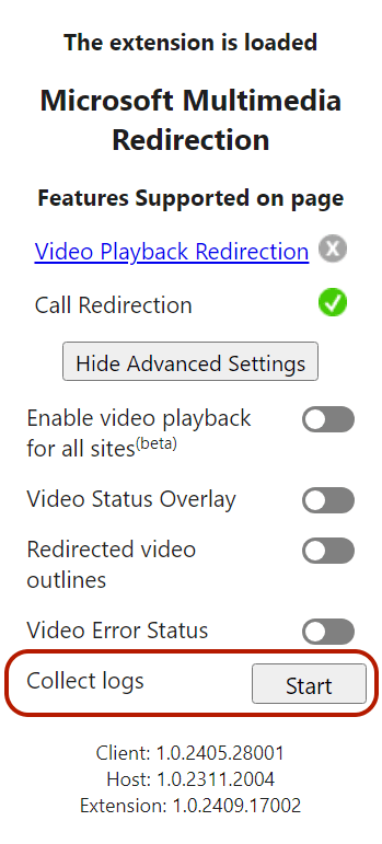 MMR extension settings pane with the Collect logs option circled.