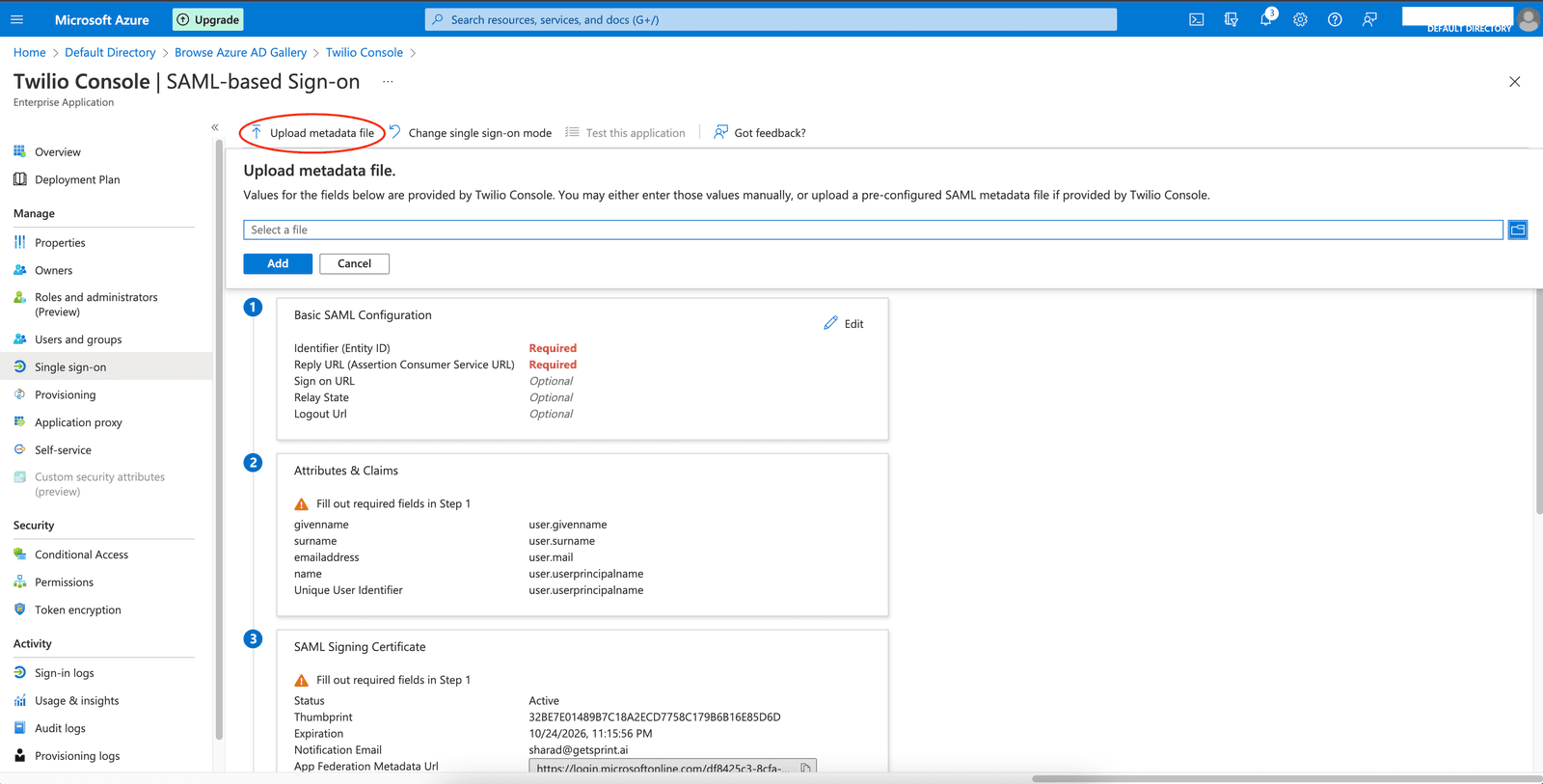 Azure AD SAML-based sign-on page showing SAML signing certificate and setup options for Twilio-StageSSOUAT.