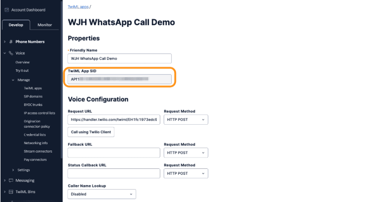 WJH WhatsApp Call Demo with TwiML App SID and voice configuration settings.