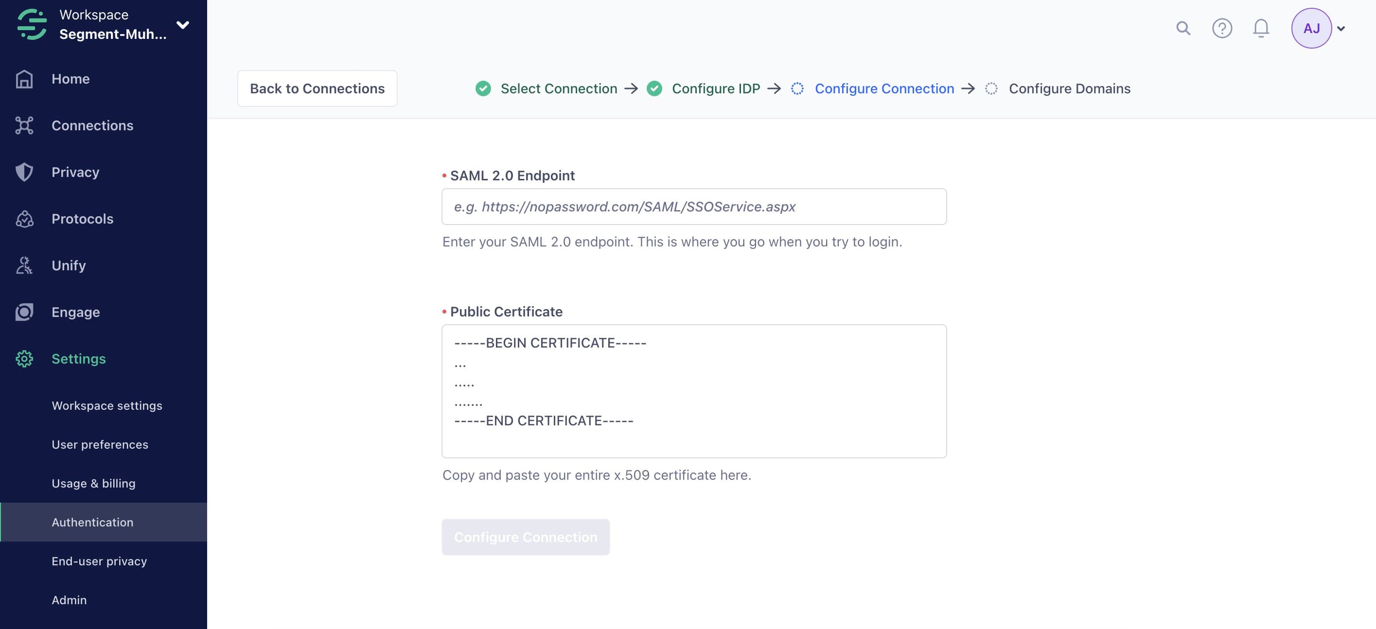 Configure SAML 2.0 endpoint and public certificate in Segment settings.