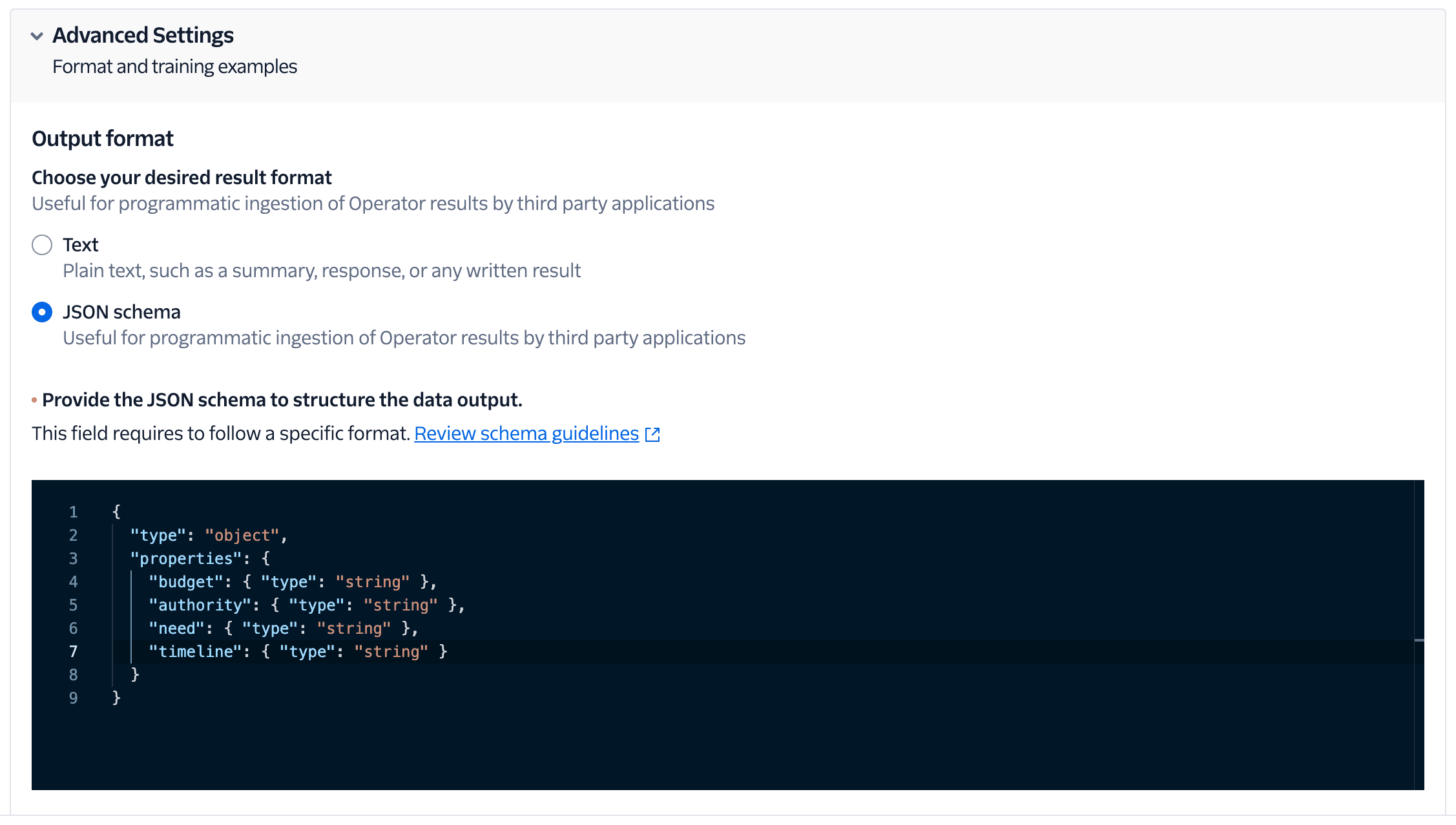 Advanced settings for JSON schema output format with example structure.