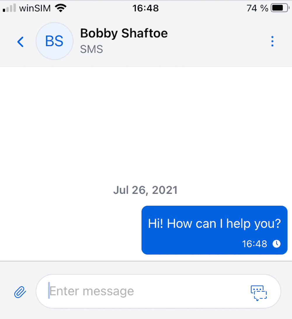 SMS conversation with message saying 'Hi! How can I help you?' sent on July 26, 2021.