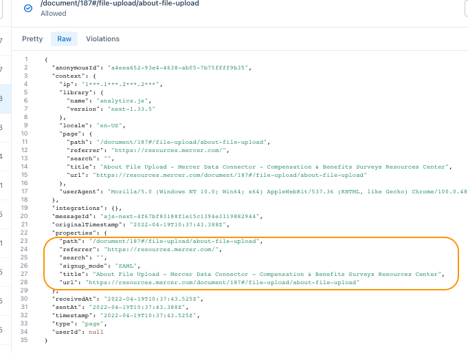 JSON data showing file upload path and referrer URL for Mercer Data Connector.