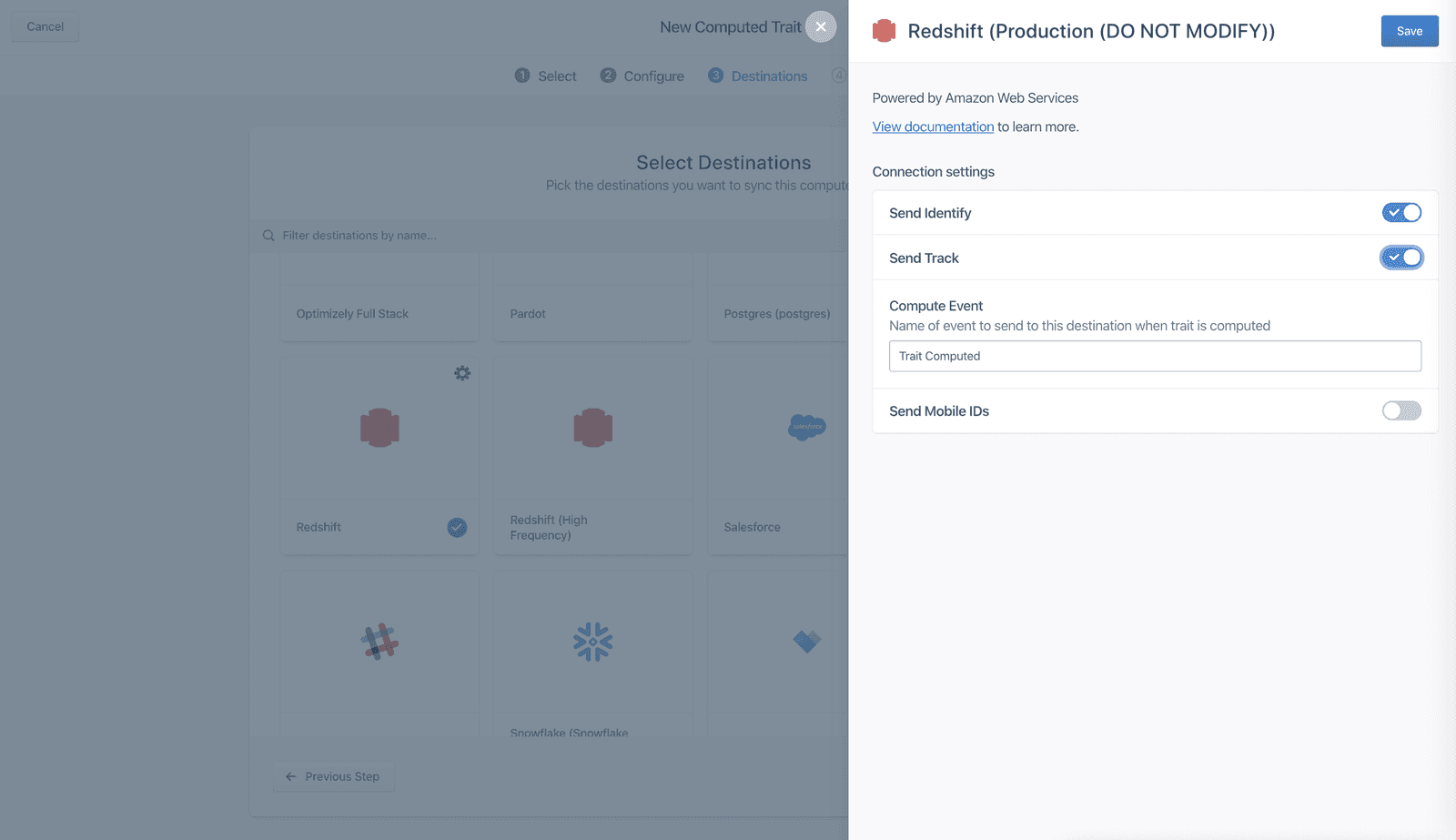 Configuring connection settings to send computed traits.