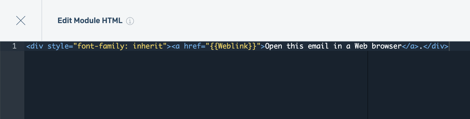A module's code editor interface with {Weblink} assigned to an href attribute.