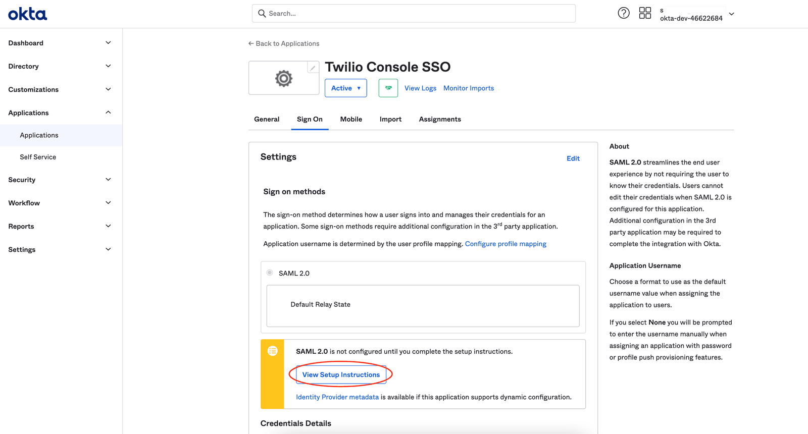 Okta settings page for Twilio Console SSO with SAML 2.0 setup instructions highlighted.