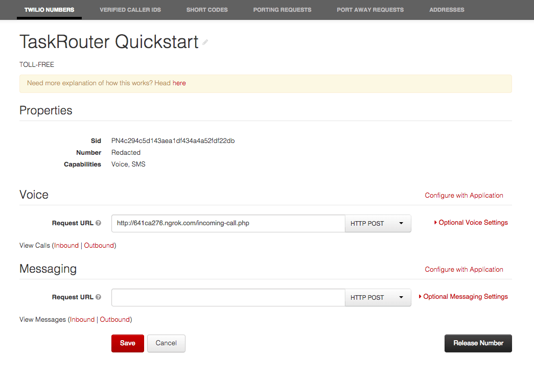 TaskRouter Quickstart showing phone number properties and request URLs for voice and messaging.
