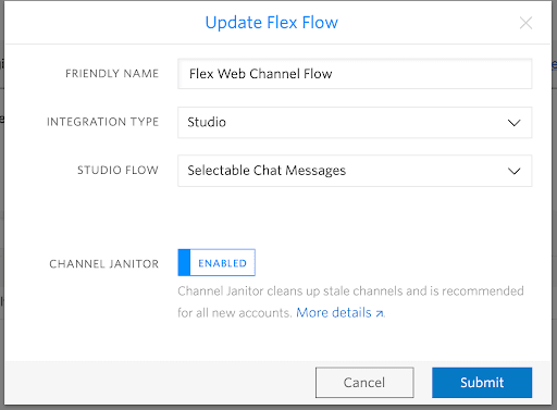 Dialog box for updating Flex Flow with options for friendly name, integration type, and channel janitor.