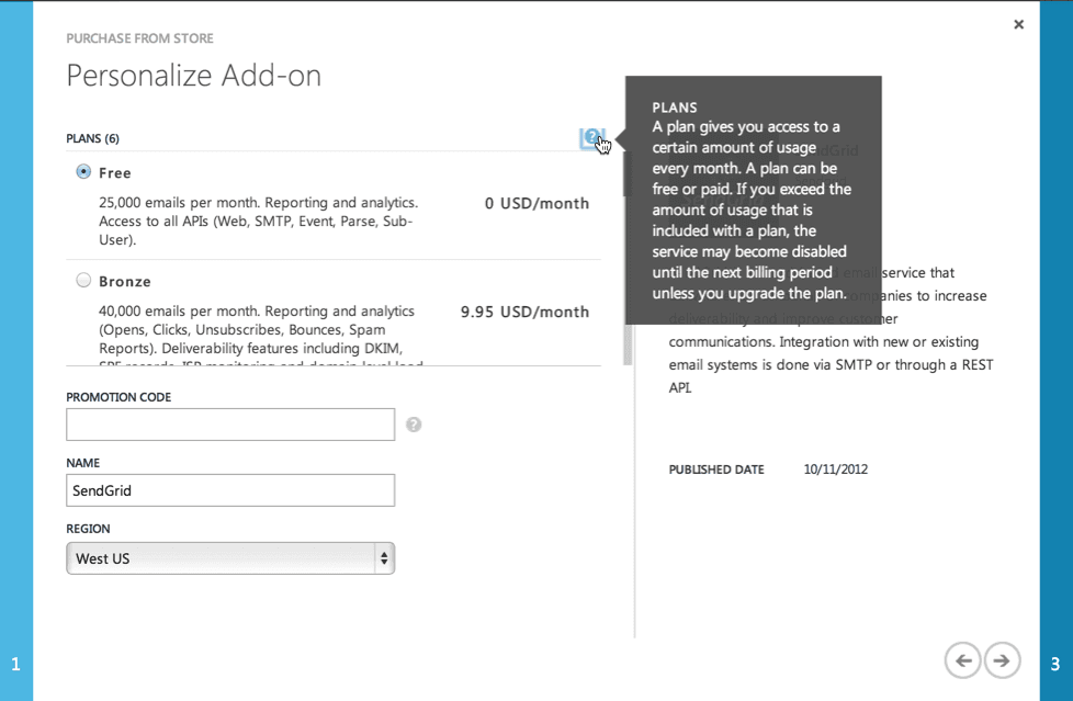 Azure add-on selection with free and bronze plans, SendGrid name, and West US region.