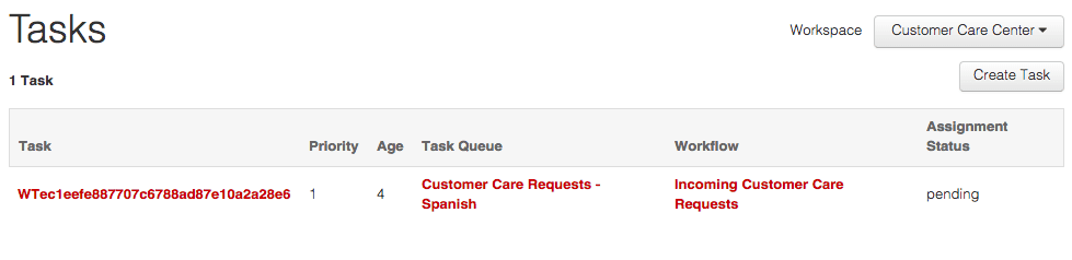 Task list showing a pending customer care request in Spanish.