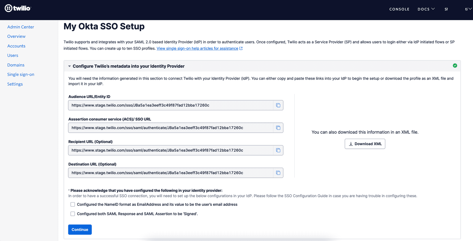 Twilio SSO setup page for Okta with fields for Audience URL, ACS URL, and optional Recipient and Destination URLs.
