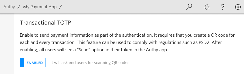 Transactional TOTP feature enabled for QR code scanning in Authy app.