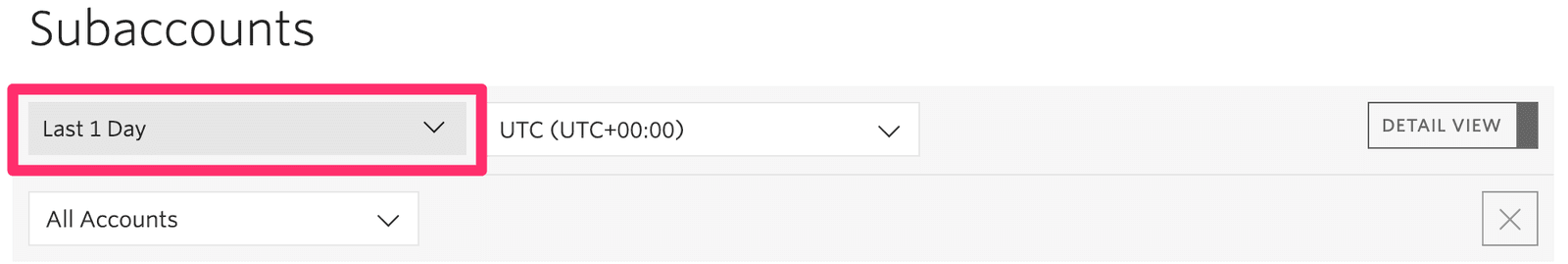Subaccounts dashboard with date range set to last 1 day and UTC timezone.