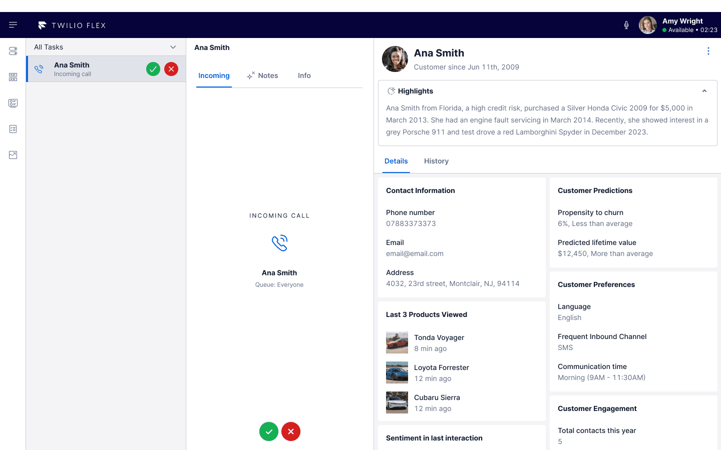 Twilio Flex interface showing a call task with contact Joe Doe in Salesforce.