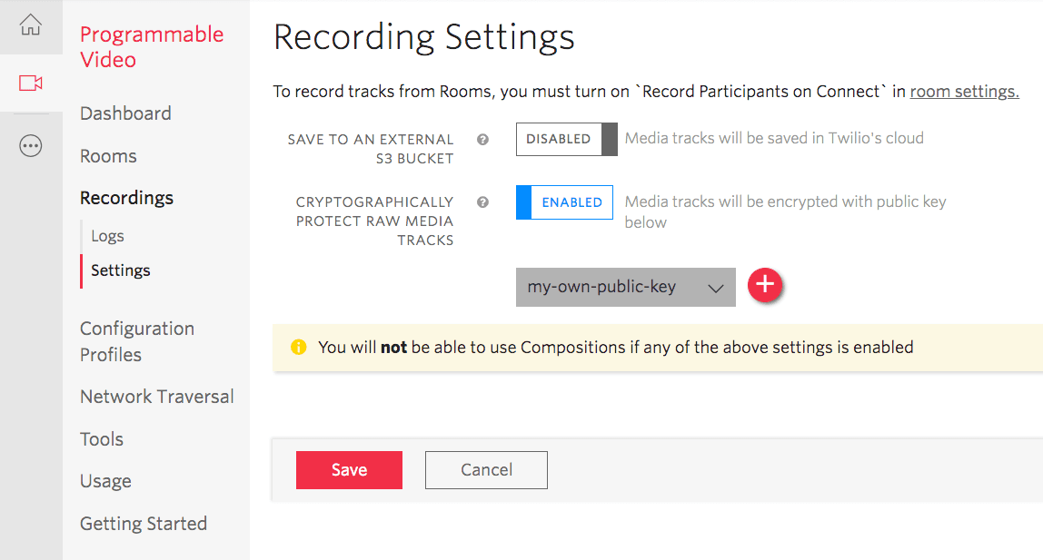 Recording settings page to save to S3 bucket (deactivated) and encrypt media tracks (activated) with a public key.
