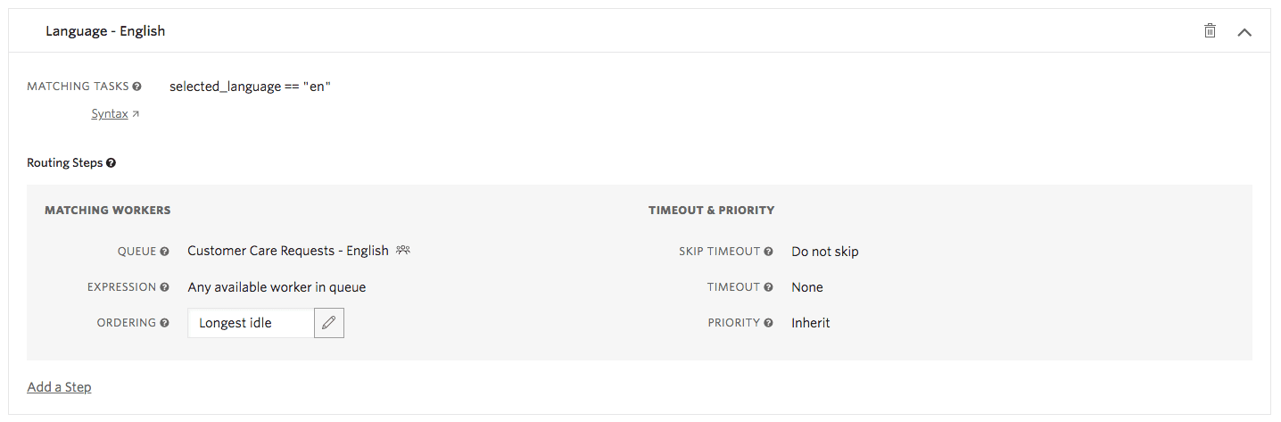 Language filter for English tasks with routing and priority settings.