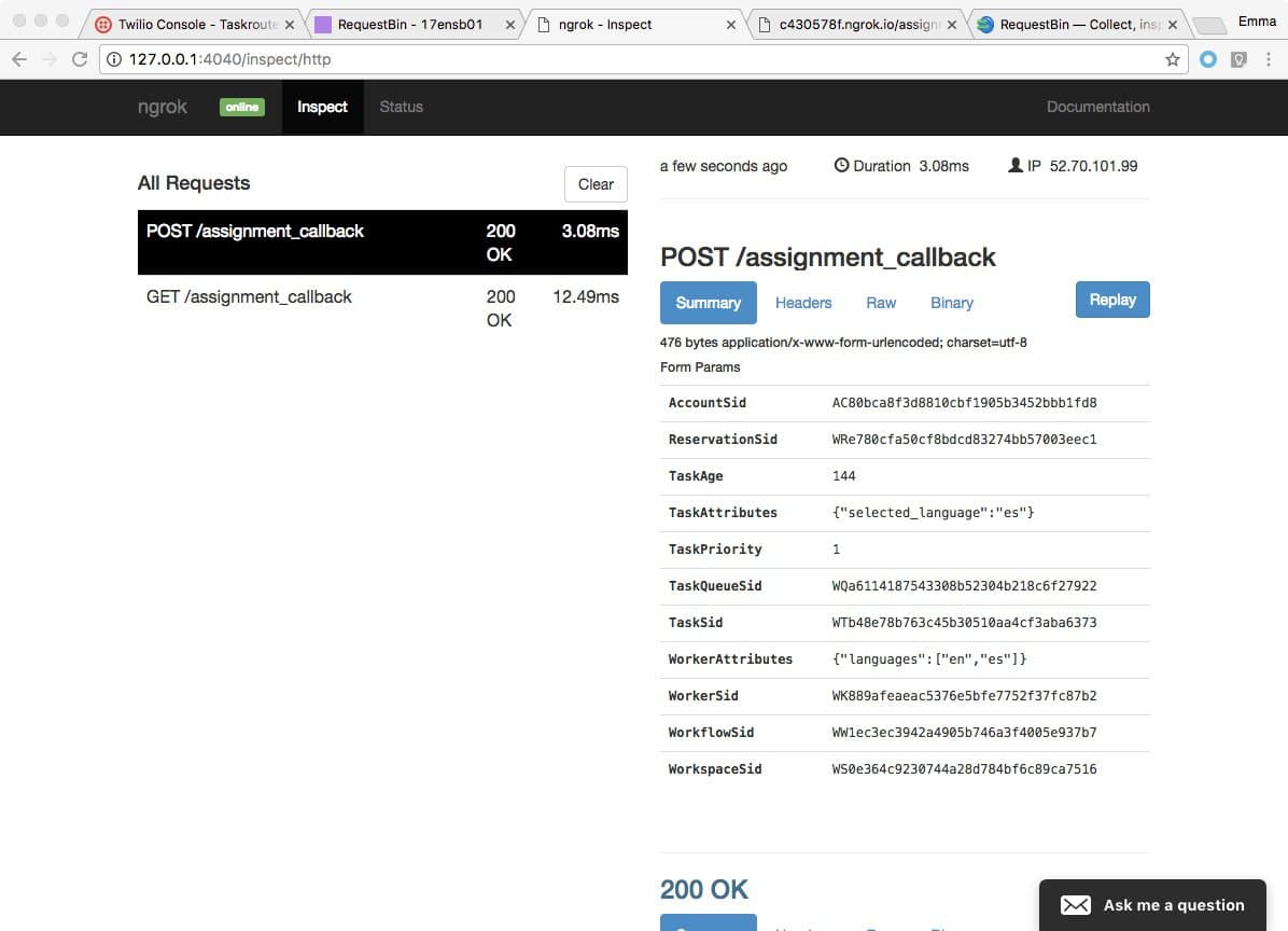 Ngrok request log showing POST and GET requests to /assignment_callback with 200 OK status.