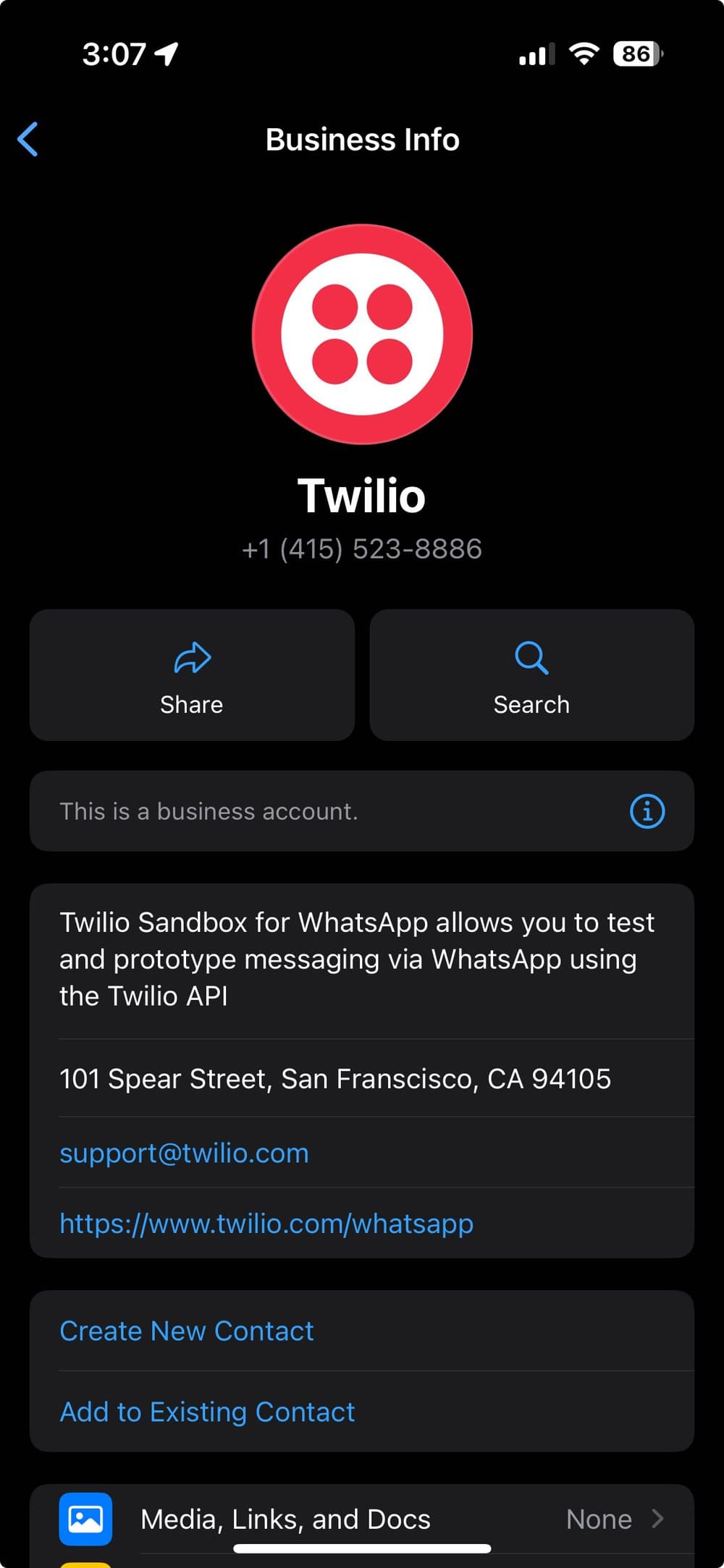 Twilio business info screen with logo, phone number, WhatsApp API details, email, and links for contact creation.