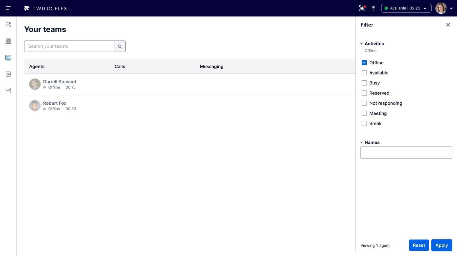 Twilio Flex interface showing agent filter options and team status.