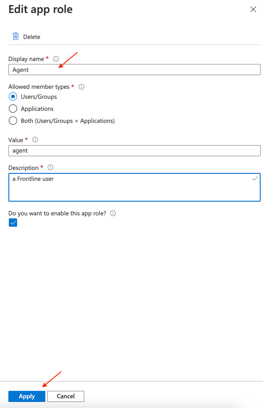 Form to edit app role with fields for display name, member types, value, and description.