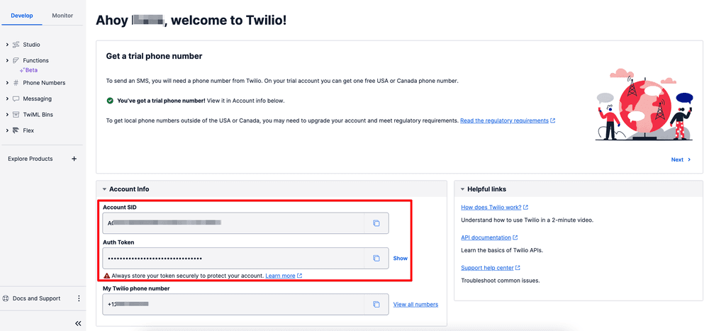 The 'Account Info' section in the Twilio Console includes the Account SID and Auth Token with icons to copy values.
