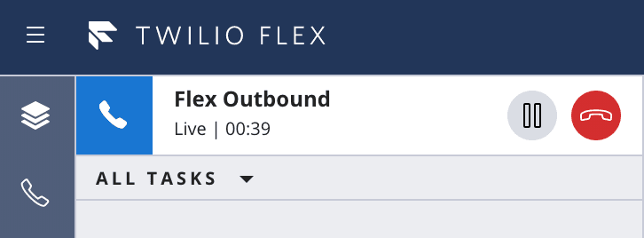 Twilio Flex interface showing an active outbound call task with a duration of 39 seconds.