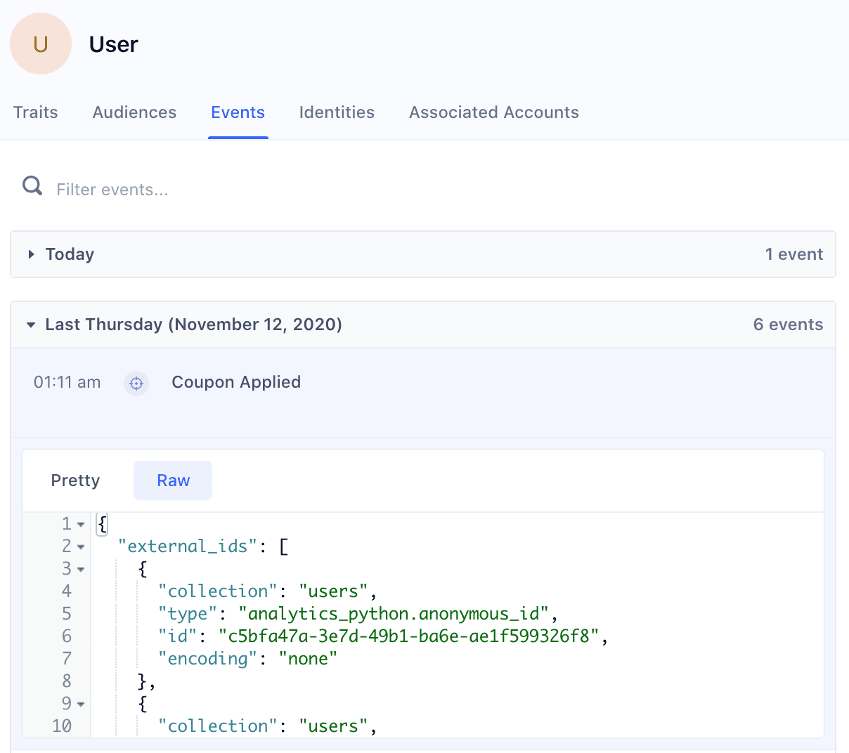 Raw payload showing external_ids with collection, type, id, and encoding details for user events.