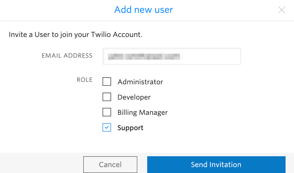 Form to invite a user to Twilio with email and role options including Support selected.
