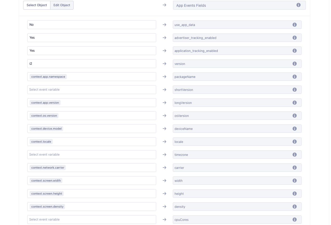 Mapping of app data fields to event fields for Facebook Conversions API.