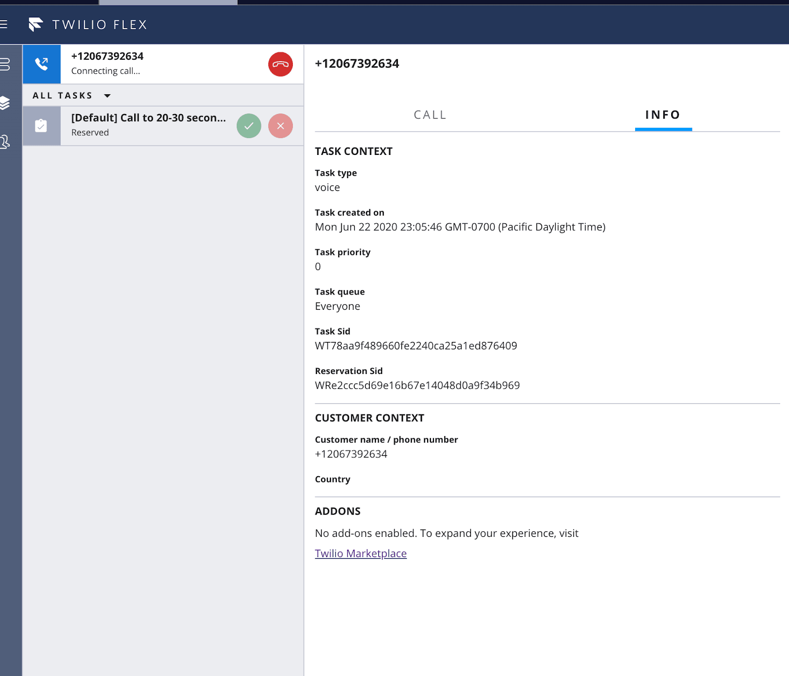 Twilio Flex interface showing call details with task context and customer phone number.
