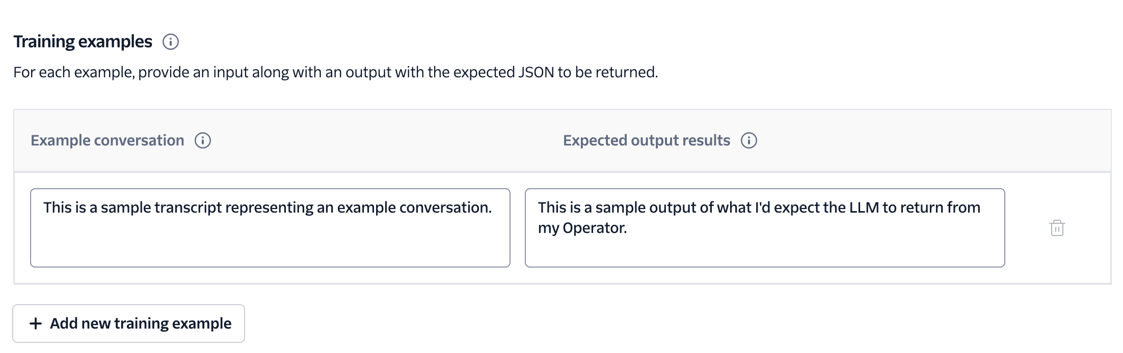 Training examples section with input and expected JSON output fields.